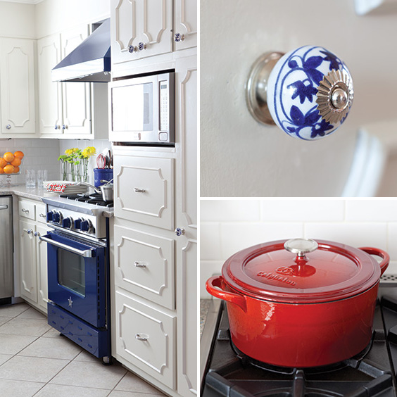 colorful accents like blue oven and ceramic knobs and red pots