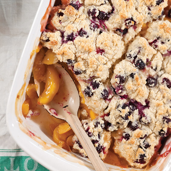 peach cobbler with blueberry drop biscuits