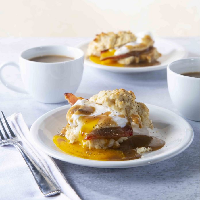 Red-Eye Gravy Eggs Benedict with Peppered Biscuits