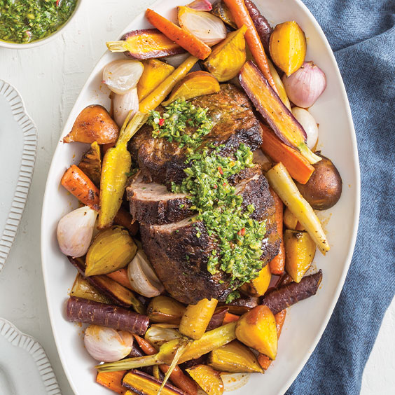 Roasted Pork and Vegetables with Spicy Herb Sauce