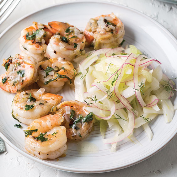 Grilled Shrimp with Honeydew and Fennel Slaw