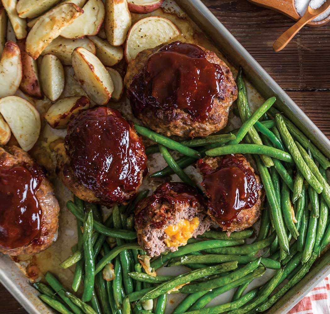 Cheesy Meat Loaves with Potatoes and Green Beans